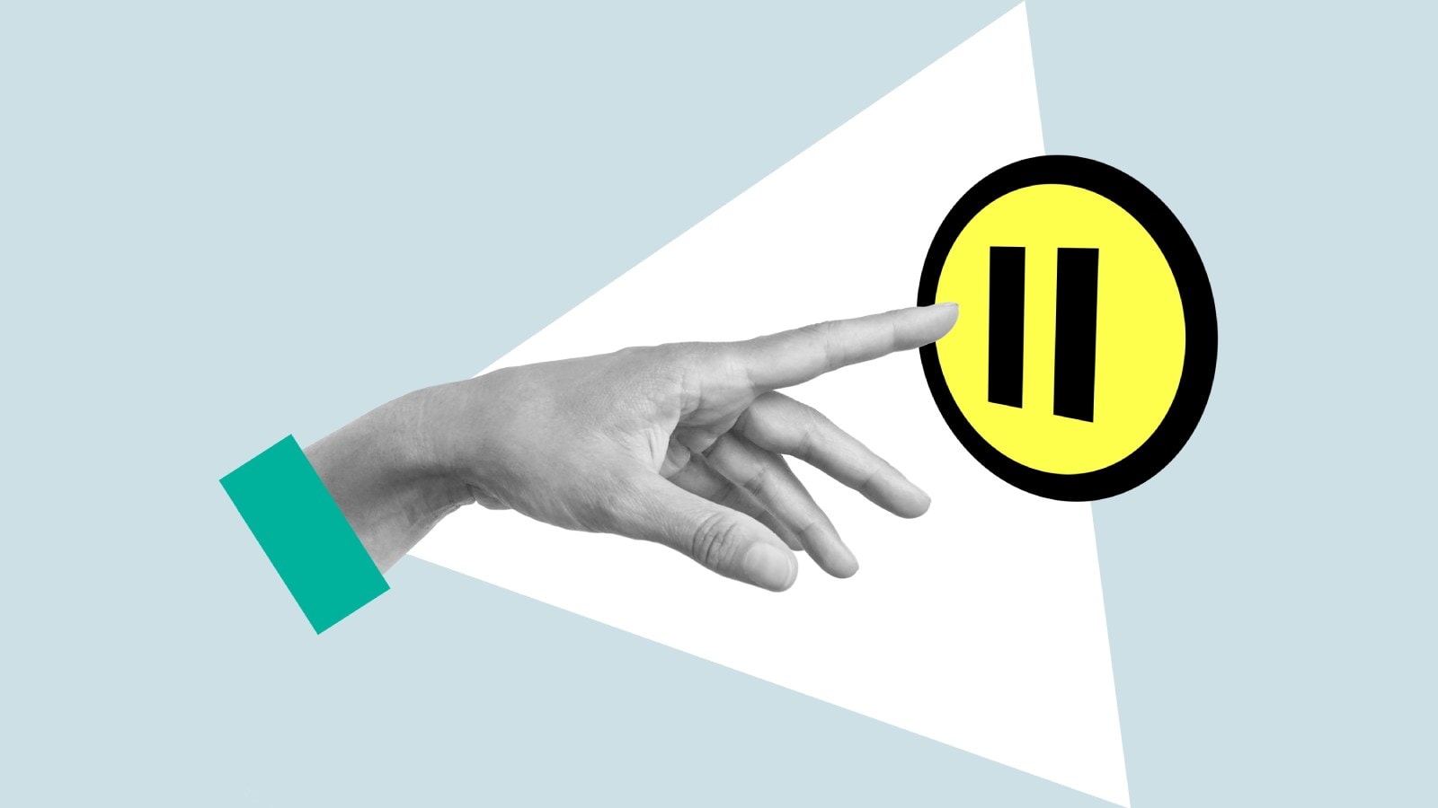 Hand pressing pause button on a rebrand idea