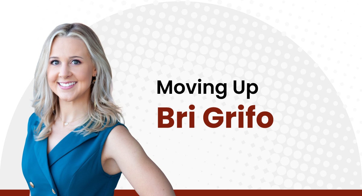 Headshot of Bri Grifo with text that reads “Moving Up,” announcing her promotion to Director of Marketing at Aker Ink.